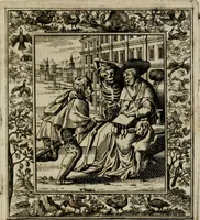An illustration from Theatrum mortis humanæ tripartitum. I. Pars. Saltum mortis. II. Pars. Varia genera mortis. III. Pars. Pnas damnatorum continens. Figuris æneis illustratum, das ist, Schau-Bühne desz menschlichen Todts in drey Theil. 1. Theil. Der Toden Tantz. 2. Theil. Underschidliche Todts-Gattungen. 3. Theil. Der Verdambten Höllen-Peyn, vorstellend. Mit Schönen Kupffer-Stichen geziehrt vnd an Tag gegeben. Durch Joannem Weichardum Valvasor.. (1682)