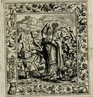 An illustration from Theatrum mortis humanæ tripartitum. I. Pars. Saltum mortis. II. Pars. Varia genera mortis. III. Pars. Pnas damnatorum continens. Figuris æneis illustratum, das ist, Schau-Bühne desz menschlichen Todts in drey Theil. 1. Theil. Der Toden Tantz. 2. Theil. Underschidliche Todts-Gattungen. 3. Theil. Der Verdambten Höllen-Peyn, vorstellend. Mit Schönen Kupffer-Stichen geziehrt vnd an Tag gegeben. Durch Joannem Weichardum Valvasor.. (1682)
