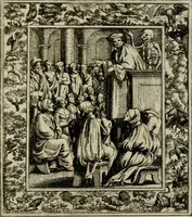 An illustration from Theatrum mortis humanæ tripartitum. I. Pars. Saltum mortis. II. Pars. Varia genera mortis. III. Pars. Pnas damnatorum continens. Figuris æneis illustratum, das ist, Schau-Bühne desz menschlichen Todts in drey Theil. 1. Theil. Der Toden Tantz. 2. Theil. Underschidliche Todts-Gattungen. 3. Theil. Der Verdambten Höllen-Peyn, vorstellend. Mit Schönen Kupffer-Stichen geziehrt vnd an Tag gegeben. Durch Joannem Weichardum Valvasor.. (1682)