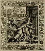 An illustration from Theatrum mortis humanæ tripartitum. I. Pars. Saltum mortis. II. Pars. Varia genera mortis. III. Pars. Pnas damnatorum continens. Figuris æneis illustratum, das ist, Schau-Bühne desz menschlichen Todts in drey Theil. 1. Theil. Der Toden Tantz. 2. Theil. Underschidliche Todts-Gattungen. 3. Theil. Der Verdambten Höllen-Peyn, vorstellend. Mit Schönen Kupffer-Stichen geziehrt vnd an Tag gegeben. Durch Joannem Weichardum Valvasor.. (1682)