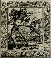 An illustration from Theatrum mortis humanæ tripartitum. I. Pars. Saltum mortis. II. Pars. Varia genera mortis. III. Pars. Pnas damnatorum continens. Figuris æneis illustratum, das ist, Schau-Bühne desz menschlichen Todts in drey Theil. 1. Theil. Der Toden Tantz. 2. Theil. Underschidliche Todts-Gattungen. 3. Theil. Der Verdambten Höllen-Peyn, vorstellend. Mit Schönen Kupffer-Stichen geziehrt vnd an Tag gegeben. Durch Joannem Weichardum Valvasor.. (1682)
