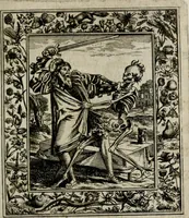 An illustration from Theatrum mortis humanæ tripartitum. I. Pars. Saltum mortis. II. Pars. Varia genera mortis. III. Pars. Pnas damnatorum continens. Figuris æneis illustratum, das ist, Schau-Bühne desz menschlichen Todts in drey Theil. 1. Theil. Der Toden Tantz. 2. Theil. Underschidliche Todts-Gattungen. 3. Theil. Der Verdambten Höllen-Peyn, vorstellend. Mit Schönen Kupffer-Stichen geziehrt vnd an Tag gegeben. Durch Joannem Weichardum Valvasor.. (1682)