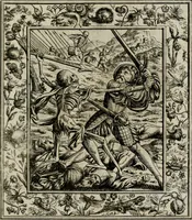 An illustration from Theatrum mortis humanæ tripartitum. I. Pars. Saltum mortis. II. Pars. Varia genera mortis. III. Pars. Pnas damnatorum continens. Figuris æneis illustratum, das ist, Schau-Bühne desz menschlichen Todts in drey Theil. 1. Theil. Der Toden Tantz. 2. Theil. Underschidliche Todts-Gattungen. 3. Theil. Der Verdambten Höllen-Peyn, vorstellend. Mit Schönen Kupffer-Stichen geziehrt vnd an Tag gegeben. Durch Joannem Weichardum Valvasor.. (1682)