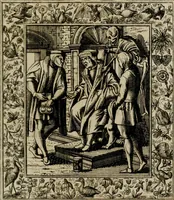An illustration from Theatrum mortis humanæ tripartitum. I. Pars. Saltum mortis. II. Pars. Varia genera mortis. III. Pars. Pnas damnatorum continens. Figuris æneis illustratum, das ist, Schau-Bühne desz menschlichen Todts in drey Theil. 1. Theil. Der Toden Tantz. 2. Theil. Underschidliche Todts-Gattungen. 3. Theil. Der Verdambten Höllen-Peyn, vorstellend. Mit Schönen Kupffer-Stichen geziehrt vnd an Tag gegeben. Durch Joannem Weichardum Valvasor.. (1682)