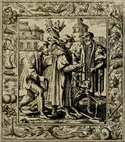 An illustration from Theatrum mortis humanæ tripartitum. I. Pars. Saltum mortis. II. Pars. Varia genera mortis. III. Pars. Pnas damnatorum continens. Figuris æneis illustratum, das ist, Schau-Bühne desz menschlichen Todts in drey Theil. 1. Theil. Der Toden Tantz. 2. Theil. Underschidliche Todts-Gattungen. 3. Theil. Der Verdambten Höllen-Peyn, vorstellend. Mit Schönen Kupffer-Stichen geziehrt vnd an Tag gegeben. Durch Joannem Weichardum Valvasor.. (1682)