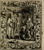 An illustration from Theatrum mortis humanæ tripartitum. I. Pars. Saltum mortis. II. Pars. Varia genera mortis. III. Pars. Pnas damnatorum continens. Figuris æneis illustratum, das ist, Schau-Bühne desz menschlichen Todts in drey Theil. 1. Theil. Der Toden Tantz. 2. Theil. Underschidliche Todts-Gattungen. 3. Theil. Der Verdambten Höllen-Peyn, vorstellend. Mit Schönen Kupffer-Stichen geziehrt vnd an Tag gegeben. Durch Joannem Weichardum Valvasor.. (1682)