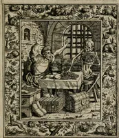 An illustration from Theatrum mortis humanæ tripartitum. I. Pars. Saltum mortis. II. Pars. Varia genera mortis. III. Pars. Pnas damnatorum continens. Figuris æneis illustratum, das ist, Schau-Bühne desz menschlichen Todts in drey Theil. 1. Theil. Der Toden Tantz. 2. Theil. Underschidliche Todts-Gattungen. 3. Theil. Der Verdambten Höllen-Peyn, vorstellend. Mit Schönen Kupffer-Stichen geziehrt vnd an Tag gegeben. Durch Joannem Weichardum Valvasor.. (1682)