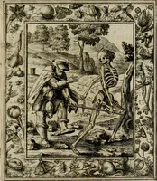 An illustration from Theatrum mortis humanæ tripartitum. I. Pars. Saltum mortis. II. Pars. Varia genera mortis. III. Pars. Pnas damnatorum continens. Figuris æneis illustratum, das ist, Schau-Bühne desz menschlichen Todts in drey Theil. 1. Theil. Der Toden Tantz. 2. Theil. Underschidliche Todts-Gattungen. 3. Theil. Der Verdambten Höllen-Peyn, vorstellend. Mit Schönen Kupffer-Stichen geziehrt vnd an Tag gegeben. Durch Joannem Weichardum Valvasor.. (1682)