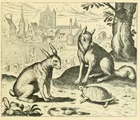 An illustration from Theatrum morum; artliche Gesprach der Thier mit wahren Historien den Menschen zur Lehr. AEgidius Sadeler excud. [Hrsg. von Gesellschaft Deutscher Bücherfreunde in Böhmen.] (1608)