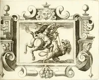 An illustration from Theatrvm omnivm scientiarvm, sive, Apparatvs qvo exceptvs fvit exc.mvs princeps d. Innicvs de Gvevara et Tassis, comes de Oñate & Villamediana, &c. ac Neapolitani regni prorex sapientissimvs, in Neapolitana academia in instavratione stvdiorvm anni MDCXLIX : cvm post sedatos Neapolitani regni tvmvltvs tanto principe avspice neapolitana Pallas armorvm tvrbine pene abrvta capvt erexit (1650)