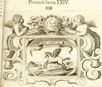 An illustration from Theatrvm omnivm scientiarvm, sive, Apparatvs qvo exceptvs fvit exc.mvs princeps d. Innicvs de Gvevara et Tassis, comes de Oñate & Villamediana, &c. ac Neapolitani regni prorex sapientissimvs, in Neapolitana academia in instavratione stvdiorvm anni MDCXLIX : cvm post sedatos Neapolitani regni tvmvltvs tanto principe avspice neapolitana Pallas armorvm tvrbine pene abrvta capvt erexit (1650)
