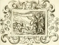 An illustration from Theatrvm omnivm scientiarvm, sive, Apparatvs qvo exceptvs fvit exc.mvs princeps d. Innicvs de Gvevara et Tassis, comes de Oñate & Villamediana, &c. ac Neapolitani regni prorex sapientissimvs, in Neapolitana academia in instavratione stvdiorvm anni MDCXLIX : cvm post sedatos Neapolitani regni tvmvltvs tanto principe avspice neapolitana Pallas armorvm tvrbine pene abrvta capvt erexit (1650)