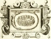 An illustration from Theatrvm omnivm scientiarvm, sive, Apparatvs qvo exceptvs fvit exc.mvs princeps d. Innicvs de Gvevara et Tassis, comes de Oñate & Villamediana, &c. ac Neapolitani regni prorex sapientissimvs, in Neapolitana academia in instavratione stvdiorvm anni MDCXLIX : cvm post sedatos Neapolitani regni tvmvltvs tanto principe avspice neapolitana Pallas armorvm tvrbine pene abrvta capvt erexit (1650)