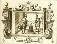 An illustration from Theatrvm omnivm scientiarvm, sive, Apparatvs qvo exceptvs fvit exc.mvs princeps d. Innicvs de Gvevara et Tassis, comes de Oñate & Villamediana, &c. ac Neapolitani regni prorex sapientissimvs, in Neapolitana academia in instavratione stvdiorvm anni MDCXLIX : cvm post sedatos Neapolitani regni tvmvltvs tanto principe avspice neapolitana Pallas armorvm tvrbine pene abrvta capvt erexit (1650)