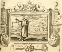 An illustration from Theatrvm omnivm scientiarvm, sive, Apparatvs qvo exceptvs fvit exc.mvs princeps d. Innicvs de Gvevara et Tassis, comes de Oñate & Villamediana, &c. ac Neapolitani regni prorex sapientissimvs, in Neapolitana academia in instavratione stvdiorvm anni MDCXLIX : cvm post sedatos Neapolitani regni tvmvltvs tanto principe avspice neapolitana Pallas armorvm tvrbine pene abrvta capvt erexit (1650)