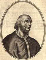 An illustration from The marrow of ecclesiastical history : contained in the lives of one hundred forty eight fathers, schoolmen, first reformers, and modern divines which have flourished in the Church since Christ's time to this present age : faithfully collected and orderly disposed according to the centuries wherein they lived : together with the lively effigies of most of the eminentest of them cut in copper (1654)