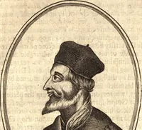 An illustration from The marrow of ecclesiastical history : contained in the lives of one hundred forty eight fathers, schoolmen, first reformers, and modern divines which have flourished in the Church since Christ's time to this present age : faithfully collected and orderly disposed according to the centuries wherein they lived : together with the lively effigies of most of the eminentest of them cut in copper (1654)