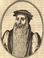An illustration from The marrow of ecclesiastical history : contained in the lives of one hundred forty eight fathers, schoolmen, first reformers, and modern divines which have flourished in the Church since Christ's time to this present age : faithfully collected and orderly disposed according to the centuries wherein they lived : together with the lively effigies of most of the eminentest of them cut in copper (1654)