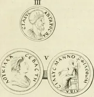 An illustration from Theophili Sigefridi Bayeri Regiomontani Historia Osrhoena et Edessena ex numis illustrata : in qua, Edessae vrbis, Osrhoëni regni, Abgarorum regum, praefectorum Graecorum, Arabum, Persarum, comitum Francorum, successiones, fata, res aliae memorabiles, a prima origene vrbis ad extrema fere tempora explicantur (1734)