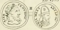 An illustration from Theophili Sigefridi Bayeri Regiomontani Historia Osrhoena et Edessena ex numis illustrata : in qua, Edessae vrbis, Osrhoëni regni, Abgarorum regum, praefectorum Graecorum, Arabum, Persarum, comitum Francorum, successiones, fata, res aliae memorabiles, a prima origene vrbis ad extrema fere tempora explicantur (1734)