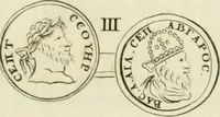 An illustration from Theophili Sigefridi Bayeri Regiomontani Historia Osrhoena et Edessena ex numis illustrata : in qua, Edessae vrbis, Osrhoëni regni, Abgarorum regum, praefectorum Graecorum, Arabum, Persarum, comitum Francorum, successiones, fata, res aliae memorabiles, a prima origene vrbis ad extrema fere tempora explicantur (1734)
