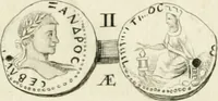 An illustration from Theophili Sigefridi Bayeri Regiomontani Historia Osrhoena et Edessena ex numis illustrata : in qua, Edessae vrbis, Osrhoëni regni, Abgarorum regum, praefectorum Graecorum, Arabum, Persarum, comitum Francorum, successiones, fata, res aliae memorabiles, a prima origene vrbis ad extrema fere tempora explicantur (1734)