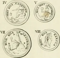An illustration from Theophili Sigefridi Bayeri Regiomontani Historia Osrhoena et Edessena ex numis illustrata : in qua, Edessae vrbis, Osrhoëni regni, Abgarorum regum, praefectorum Graecorum, Arabum, Persarum, comitum Francorum, successiones, fata, res aliae memorabiles, a prima origene vrbis ad extrema fere tempora explicantur (1734)
