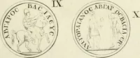 An illustration from Theophili Sigefridi Bayeri Regiomontani Historia Osrhoena et Edessena ex numis illustrata : in qua, Edessae vrbis, Osrhoëni regni, Abgarorum regum, praefectorum Graecorum, Arabum, Persarum, comitum Francorum, successiones, fata, res aliae memorabiles, a prima origene vrbis ad extrema fere tempora explicantur (1734)