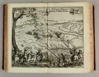 Picture 6 of 10 from Thesaurus exoticorum. : Oder eine mit aussländischen Raritäten und Geschichten wohlversehene Schatz-Kammer fürstellend die asiatische, africanische und americanische Nationes der Berser, Indianer, Sinesin, Tartaren, Egypter, Barbarn, Libyer, Nigriten, Guineer. Hottentotten, Abyssiner, Canadenser, Virgenier, Floridaner, Mexicaner, Peruaner, Chilenser, Magellanier und Brasilianer etc. Nach ihren königreichen, Policeyen, Kleydungen, Sitten und Gottes-Dienst. Darauff folget eine umständliche Beschreibung von Türckey: der Türcken Ankunfft; aller Sultanen Lebens-Lauff und Bildnüss; aller hohen Staats-Bedienten; des Sultans Hoff, Regierung, Intraden, Macht und Vasallen; wie auch ihres Propheten Mahomets Lebens-Beschreibung, und sein verfluchtes Gesetz-Buch oder Alkoran. Alssdann eine kürtzbündige Beschreibung von Ungarn: nach seiner grösse, Fruchtbarkeit, Macht, Städten und vielen Vestungen von Wien biss nach Constantinopel hinaus. Da es dann Gelegenheit gibt zu Reden von den 4 Monarchien, der Assyrer, Perser, Griechen und Römer: aller Käysern, von Nimrod an biss auff den grossen Leopoldum, und so dann von allen Hertzogen und Königen von Ungarn sampt ihren Rildnüssen. Hiernechst eine umbständliche Beschreibung des Lebens-Lauffs Ihrer Käyserl. Mayest. Leopoldi I. und des itzo annoch wehrenden bluthigen Türcken-Krieges, und was in demselben Denckwürdiges in Ungarn, Pohlen und Morea passiret. Alles mit grosser Mühe und Fleiss aus den berühmtesten Scribenten zusammen getragen, mit schönen Kupfern und Landkarten, auch andern Figuren in sehr grosser Anzahl (1688), leaf 437