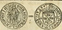 An illustration from Thesaurus nummorum sueo-gothicorum : studio indefesso Eliae Brenneri L. annorum spatio collectus, secundum seriem temporum dispositus, atqve e tenebris, cum commentatione in apricum prolatus ; accessit ejusdem auctoris Libellus de nummophylaciis Sveciae: de scriptoribus rei nummariae svethicae, atque de thesauris, seu variis vetustorum nummorum cumulis, passim per Sveoniam fortuito casu repertis (1731)