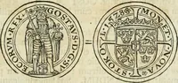 An illustration from Thesaurus nummorum sueo-gothicorum : studio indefesso Eliae Brenneri L. annorum spatio collectus, secundum seriem temporum dispositus, atqve e tenebris, cum commentatione in apricum prolatus ; accessit ejusdem auctoris Libellus de nummophylaciis Sveciae: de scriptoribus rei nummariae svethicae, atque de thesauris, seu variis vetustorum nummorum cumulis, passim per Sveoniam fortuito casu repertis (1731)