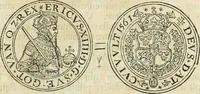 An illustration from Thesaurus nummorum sueo-gothicorum : studio indefesso Eliae Brenneri L. annorum spatio collectus, secundum seriem temporum dispositus, atqve e tenebris, cum commentatione in apricum prolatus ; accessit ejusdem auctoris Libellus de nummophylaciis Sveciae: de scriptoribus rei nummariae svethicae, atque de thesauris, seu variis vetustorum nummorum cumulis, passim per Sveoniam fortuito casu repertis (1731)