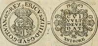 An illustration from Thesaurus nummorum sueo-gothicorum : studio indefesso Eliae Brenneri L. annorum spatio collectus, secundum seriem temporum dispositus, atqve e tenebris, cum commentatione in apricum prolatus ; accessit ejusdem auctoris Libellus de nummophylaciis Sveciae: de scriptoribus rei nummariae svethicae, atque de thesauris, seu variis vetustorum nummorum cumulis, passim per Sveoniam fortuito casu repertis (1731)