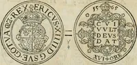An illustration from Thesaurus nummorum sueo-gothicorum : studio indefesso Eliae Brenneri L. annorum spatio collectus, secundum seriem temporum dispositus, atqve e tenebris, cum commentatione in apricum prolatus ; accessit ejusdem auctoris Libellus de nummophylaciis Sveciae: de scriptoribus rei nummariae svethicae, atque de thesauris, seu variis vetustorum nummorum cumulis, passim per Sveoniam fortuito casu repertis (1731)