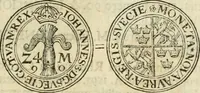 An illustration from Thesaurus nummorum sueo-gothicorum : studio indefesso Eliae Brenneri L. annorum spatio collectus, secundum seriem temporum dispositus, atqve e tenebris, cum commentatione in apricum prolatus ; accessit ejusdem auctoris Libellus de nummophylaciis Sveciae: de scriptoribus rei nummariae svethicae, atque de thesauris, seu variis vetustorum nummorum cumulis, passim per Sveoniam fortuito casu repertis (1731)