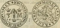 An illustration from Thesaurus nummorum sueo-gothicorum : studio indefesso Eliae Brenneri L. annorum spatio collectus, secundum seriem temporum dispositus, atqve e tenebris, cum commentatione in apricum prolatus ; accessit ejusdem auctoris Libellus de nummophylaciis Sveciae: de scriptoribus rei nummariae svethicae, atque de thesauris, seu variis vetustorum nummorum cumulis, passim per Sveoniam fortuito casu repertis (1731)