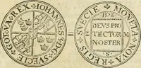 An illustration from Thesaurus nummorum sueo-gothicorum : studio indefesso Eliae Brenneri L. annorum spatio collectus, secundum seriem temporum dispositus, atqve e tenebris, cum commentatione in apricum prolatus ; accessit ejusdem auctoris Libellus de nummophylaciis Sveciae: de scriptoribus rei nummariae svethicae, atque de thesauris, seu variis vetustorum nummorum cumulis, passim per Sveoniam fortuito casu repertis (1731)
