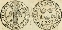 An illustration from Thesaurus nummorum sueo-gothicorum : studio indefesso Eliae Brenneri L. annorum spatio collectus, secundum seriem temporum dispositus, atqve e tenebris, cum commentatione in apricum prolatus ; accessit ejusdem auctoris Libellus de nummophylaciis Sveciae: de scriptoribus rei nummariae svethicae, atque de thesauris, seu variis vetustorum nummorum cumulis, passim per Sveoniam fortuito casu repertis (1731)