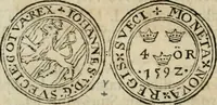 An illustration from Thesaurus nummorum sueo-gothicorum : studio indefesso Eliae Brenneri L. annorum spatio collectus, secundum seriem temporum dispositus, atqve e tenebris, cum commentatione in apricum prolatus ; accessit ejusdem auctoris Libellus de nummophylaciis Sveciae: de scriptoribus rei nummariae svethicae, atque de thesauris, seu variis vetustorum nummorum cumulis, passim per Sveoniam fortuito casu repertis (1731)