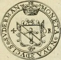 An illustration from Thesaurus nummorum sueo-gothicorum : studio indefesso Eliae Brenneri L. annorum spatio collectus, secundum seriem temporum dispositus, atqve e tenebris, cum commentatione in apricum prolatus ; accessit ejusdem auctoris Libellus de nummophylaciis Sveciae: de scriptoribus rei nummariae svethicae, atque de thesauris, seu variis vetustorum nummorum cumulis, passim per Sveoniam fortuito casu repertis (1731)