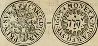 An illustration from Thesaurus nummorum sueo-gothicorum : studio indefesso Eliae Brenneri L. annorum spatio collectus, secundum seriem temporum dispositus, atqve e tenebris, cum commentatione in apricum prolatus ; accessit ejusdem auctoris Libellus de nummophylaciis Sveciae: de scriptoribus rei nummariae svethicae, atque de thesauris, seu variis vetustorum nummorum cumulis, passim per Sveoniam fortuito casu repertis (1731)