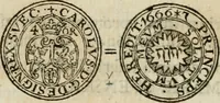 An illustration from Thesaurus nummorum sueo-gothicorum : studio indefesso Eliae Brenneri L. annorum spatio collectus, secundum seriem temporum dispositus, atqve e tenebris, cum commentatione in apricum prolatus ; accessit ejusdem auctoris Libellus de nummophylaciis Sveciae: de scriptoribus rei nummariae svethicae, atque de thesauris, seu variis vetustorum nummorum cumulis, passim per Sveoniam fortuito casu repertis (1731)