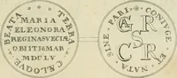 An illustration from Thesaurus nummorum sueo-gothicorum : studio indefesso Eliae Brenneri L. annorum spatio collectus, secundum seriem temporum dispositus, atqve e tenebris, cum commentatione in apricum prolatus ; accessit ejusdem auctoris Libellus de nummophylaciis Sveciae: de scriptoribus rei nummariae svethicae, atque de thesauris, seu variis vetustorum nummorum cumulis, passim per Sveoniam fortuito casu repertis (1731)