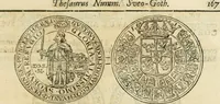An illustration from Thesaurus nummorum sueo-gothicorum : studio indefesso Eliae Brenneri L. annorum spatio collectus, secundum seriem temporum dispositus, atqve e tenebris, cum commentatione in apricum prolatus ; accessit ejusdem auctoris Libellus de nummophylaciis Sveciae: de scriptoribus rei nummariae svethicae, atque de thesauris, seu variis vetustorum nummorum cumulis, passim per Sveoniam fortuito casu repertis (1731)