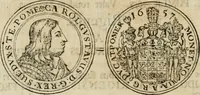 An illustration from Thesaurus nummorum sueo-gothicorum : studio indefesso Eliae Brenneri L. annorum spatio collectus, secundum seriem temporum dispositus, atqve e tenebris, cum commentatione in apricum prolatus ; accessit ejusdem auctoris Libellus de nummophylaciis Sveciae: de scriptoribus rei nummariae svethicae, atque de thesauris, seu variis vetustorum nummorum cumulis, passim per Sveoniam fortuito casu repertis (1731)