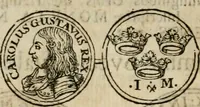 An illustration from Thesaurus nummorum sueo-gothicorum : studio indefesso Eliae Brenneri L. annorum spatio collectus, secundum seriem temporum dispositus, atqve e tenebris, cum commentatione in apricum prolatus ; accessit ejusdem auctoris Libellus de nummophylaciis Sveciae: de scriptoribus rei nummariae svethicae, atque de thesauris, seu variis vetustorum nummorum cumulis, passim per Sveoniam fortuito casu repertis (1731)