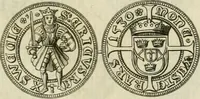 An illustration from Thesaurus nummorum sueo-gothicorum : studio indefesso Eliae Brenneri L. annorum spatio collectus, secundum seriem temporum dispositus, atqve e tenebris, cum commentatione in apricum prolatus ; accessit ejusdem auctoris Libellus de nummophylaciis Sveciae: de scriptoribus rei nummariae svethicae, atque de thesauris, seu variis vetustorum nummorum cumulis, passim per Sveoniam fortuito casu repertis (1731)