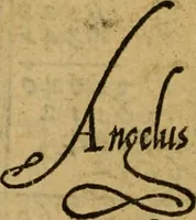An illustration from Thesavro de scrittori : opera artificiosa, laquale con grandissima arte, si per pratica come per geometria, insegna a scriuere diuerse sorte littere, cioe cancellerescha, merchantescha, formata, cursiua, antiqua, moderna et bastarda, de piu sorte : cum uiarij e bellissimi exempli & altre sorte littere de uarie lingue, cioe grecha, hebraicha, caldea & arabicha : tutte extratte da diuersi et probatissimi auttori, & massimamente da lo praeclarissimo Sigismvndo Fanto, nobile ferrarese, mathematico et architettore eruditissimo, dele mesure e ragione de littere primo inuentore (1532)