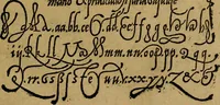 An illustration from Thesavro de scrittori : opera artificiosa, laquale con grandissima arte, si per pratica come per geometria, insegna a scriuere diuerse sorte littere, cioe cancellerescha, merchantescha, formata, cursiua, antiqua, moderna et bastarda, de piu sorte : cum uiarij e bellissimi exempli & altre sorte littere de uarie lingue, cioe grecha, hebraicha, caldea & arabicha : tutte extratte da diuersi et probatissimi auttori, & massimamente da lo praeclarissimo Sigismvndo Fanto, nobile ferrarese, mathematico et architettore eruditissimo, dele mesure e ragione de littere primo inuentore (1532)