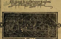 An illustration from Thesavro de scrittori : opera artificiosa, laquale con grandissima arte, si per pratica come per geometria, insegna a scriuere diuerse sorte littere, cioe cancellerescha, merchantescha, formata, cursiua, antiqua, moderna et bastarda, de piu sorte : cum uiarij e bellissimi exempli & altre sorte littere de uarie lingue, cioe grecha, hebraicha, caldea & arabicha : tutte extratte da diuersi et probatissimi auttori, & massimamente da lo praeclarissimo Sigismvndo Fanto, nobile ferrarese, mathematico et architettore eruditissimo, dele mesure e ragione de littere primo inuentore (1532)